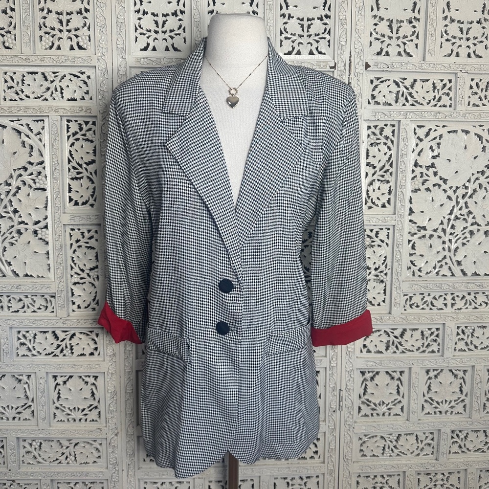 Vintage Black & White‎ Gingham 3/4 Sleeve Shoulder Pad Lightweight Career Blazer